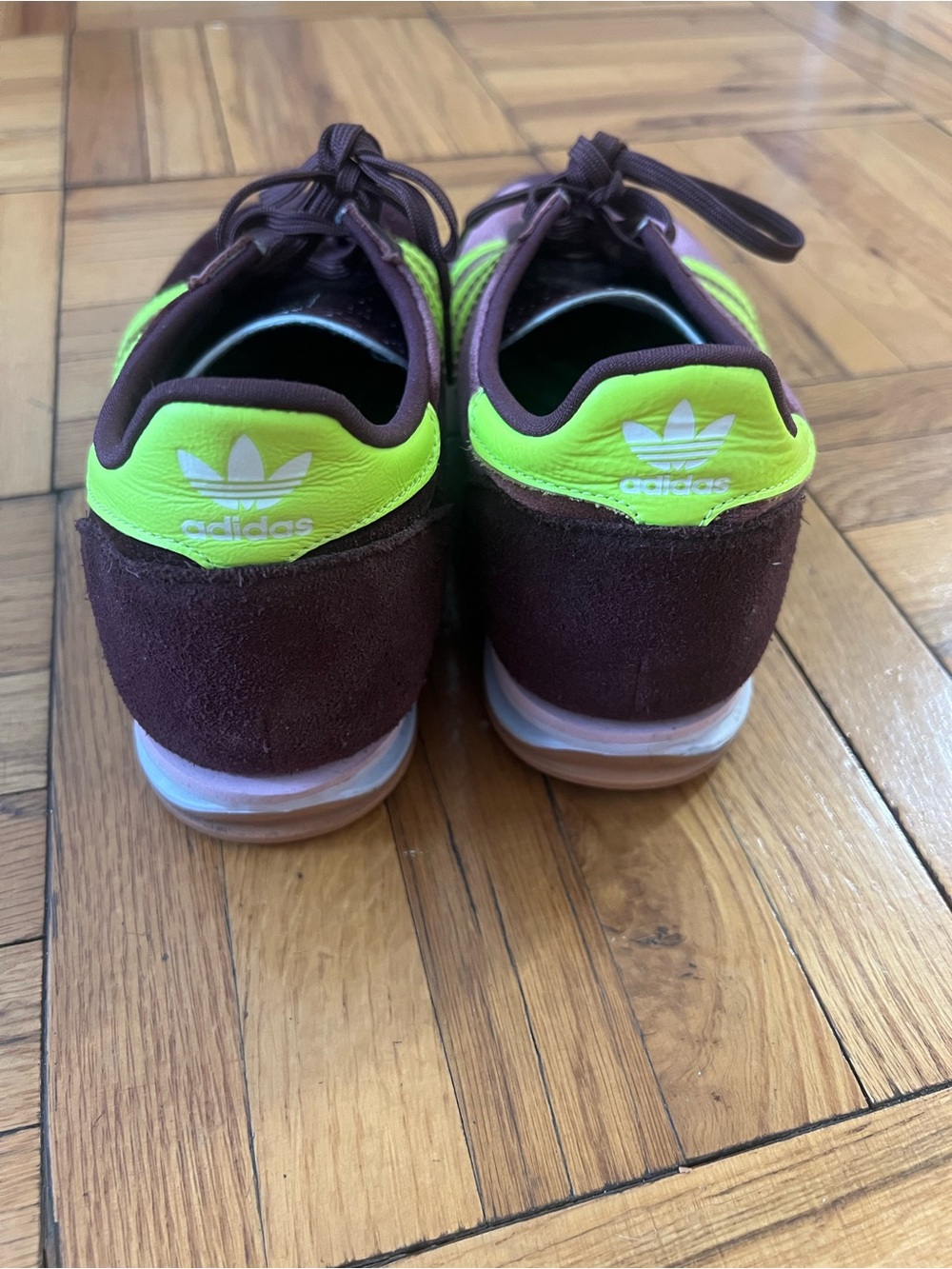 adidas Women’s Velvet SL-72 Sneaker in Burgundy with Neon Yellow Stripes - Picture 3 of 9